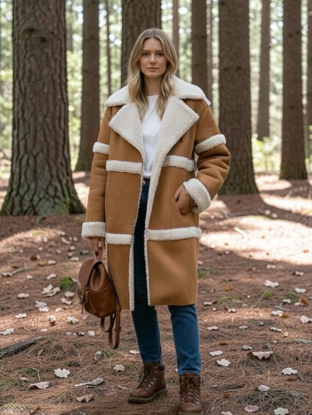 BearPaw Long Women’s Coat Tan Faux Shearling Sherpa-Lined Jacket Knee Length S